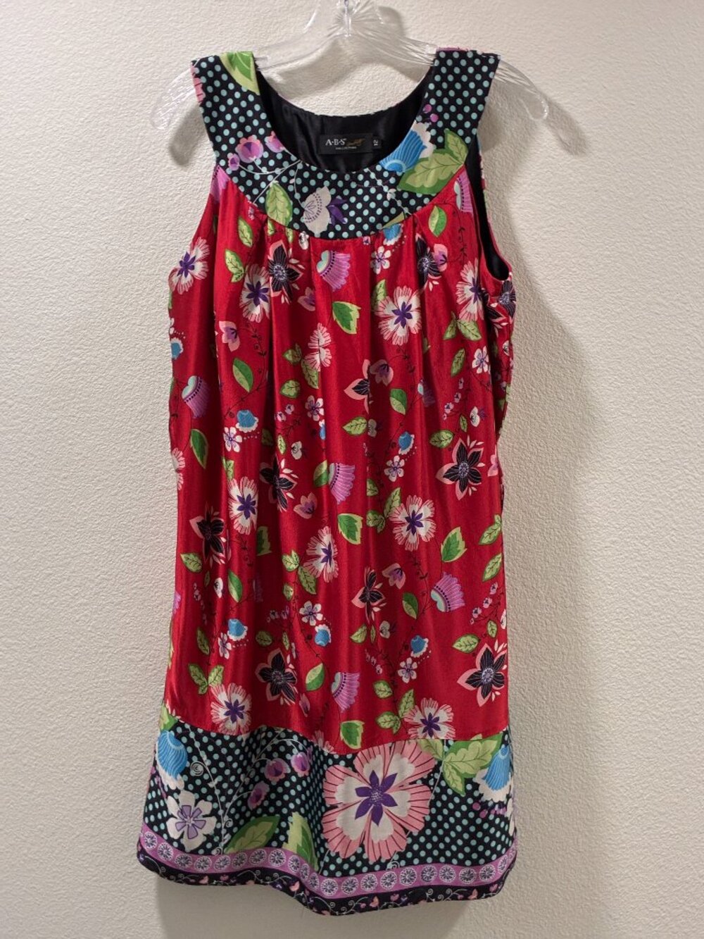 ABS Allen Schwartz Silk Red Black Contrast Border Floral Sleeveless Dress 12 EUC